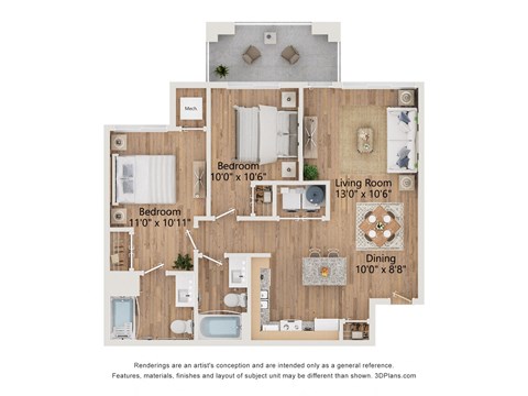 Floor plan for 2 beds, 2 baths, 925 sqft